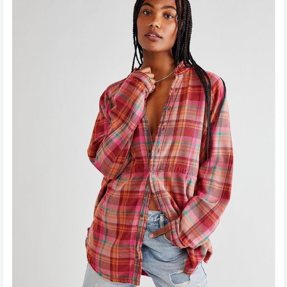 Free People We The Free Summer Daydream Plaid Button Down Red Pink Size Medium - Picture 1 of 8